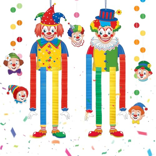 2 pcs Clown Deko Karneval + 6 Stile Clown Girlande | Karneval Anhänger Dekoration,Luftschlangen Girlande Deko für Fasnacht, Zirkus,Fasching und Kinderpartys