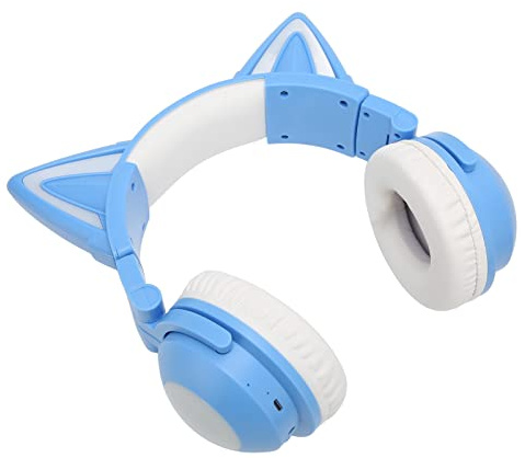 Tomantery Cat Ear Headset Stereo Cute High Sensitivity Built in Mic for Kids with 3.5mm Cable, Adjustable LED Headset for Girls Teens Women, ABS Material (Blue)