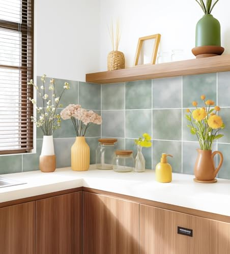 Alwayspon 20 x 20 cm x 25 pezzi autoadesivo in vinile impermeabile paraspruzzi piastrelle adesive per bagno cucina pavimento parete, blu chiaro verde