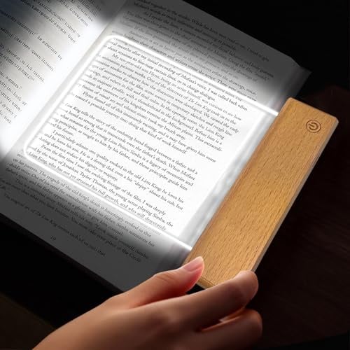 Maxspace Leselampe Buch, 3 Lichtfarben Dimmbares LED Buchlampe mit Holzsockel und Kratzfest Hartglas-Panel,Wiederaufladbare Buch Leselampe für Nachtlesungen im Bett (Holz)