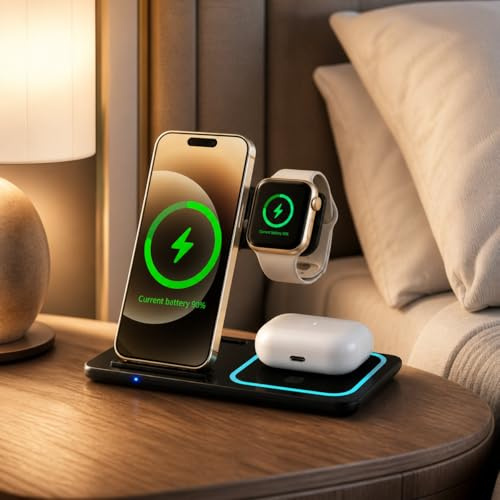 Iphone 17 3-in-1 Wireless Charger for iPhone 17/16/15/14/13/12, Apple Watch & AirPods – Foldable Fast Charging Station, MagSafe Compatible Charging Stand, Travel Wireless Charging Dock for iPhone