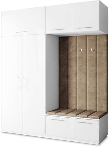 Masseno Flugarderoben Set Rema, Kleiderschrank-Set mit Sitzbank, Garderobenschrank Flur mit 5 Regalböden, Weiß