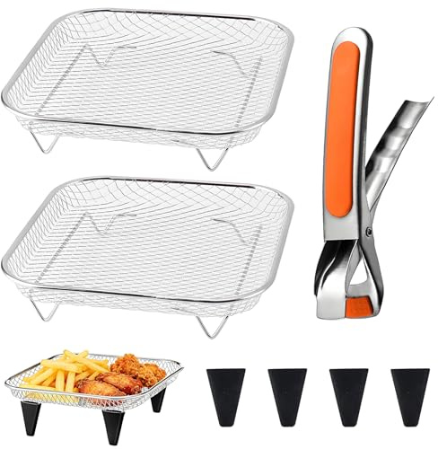 2 Pcs Air Fryer Rack, Stackable Airfryer Rack, Airfryer Accessories, with Bowl Clamp and Foot Pad, for Baking Roasting, Dishwasher Safe