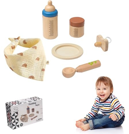 NASSMOSSE Ensemble d'alimentation réaliste pour poupée bébé - Accessoires en Bois avec cuillère, Assiette et biberon pour Faire Semblant de Jouer