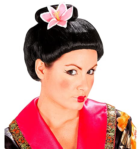 W WIDMANN MILANO Party Fashion F6144 - Perücke Fujiko mit Blume, schwarz, Kunsthaar, Dutt, Geisha, Japanerin, Hochsteckfrisur