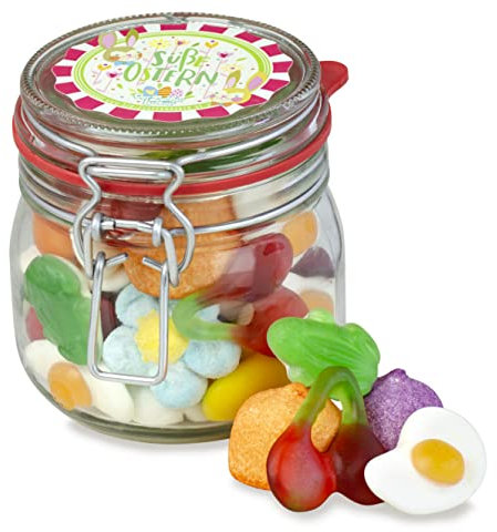 Kleine Osterfreude, leckerer Fruchtgummi & Schaumzucker Süßigkeiten-Oster-Mix in einem nostalgischen Bügelglas, süßes Ostergeschenk