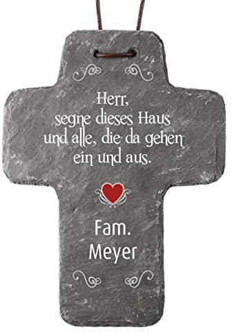 Cera & Toys® Kreuz aus Naturschiefer - Haussegen - mit Druck des Namens