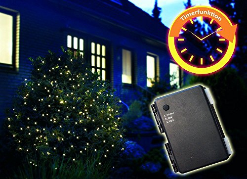 LED Batterielichterkette mit 80 warmweißen LEDs , geeignet für den Außenbereich, Zuleitung 50 cm, Abstand zwischen den LEDs 10 cm, grünes Kabel
