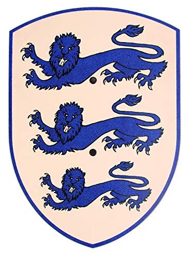 Spielzeugmanufaktur VAH 239 Stabiles, gebogenes Ritter Schild mit 3 Motiv aus Pappelholz, Modell, DREI Löwen (weiß/blau), Klein (Breite 27cm / Länge 37cm)