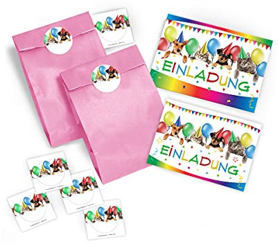 JuNa-Experten 12 Einladungskarten zum Kindergeburtstag für Mädchen und Jungen lustige Katzen und Hunde inkl. 12 Umschläge, 12 Party-Tüten/hellrosa, 12 Aufkleber