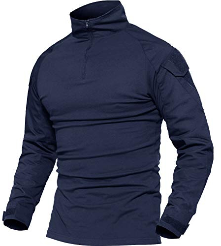 MAGCOMSEN T-Shirt Tactique Homme Chemise Outdoor Sport T-Shirt à Cyclisme Camping Chemise Homme de Pêche avec Deux Poches à Manches Longues Bleu Marine L
