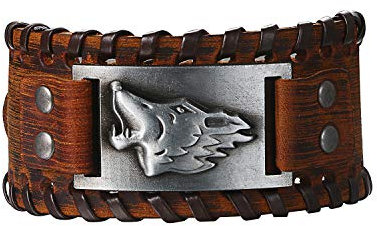 Flongo Lederarmband Männer Groß Leder Armband Herren Armreif Viking Wolf Fenrir Manschette Braun Verstellbar Motorradfahrer Biker Herren-Accessoires