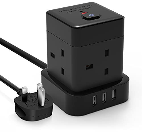 Cube Extension Lead with USB Baykul 4M Power Strip with 3 USB Slots (5V/2.4A) 4 Way Multi Plug with Switch Black Extension Cord Cable with Overload Potection for Home Office Travel Dorm