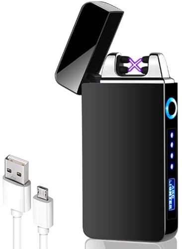 FISHTEC Briquet électrique Rechargeable USB - Briquet Tempête Electronique Double Arc - avec Indicateur de Batterie - Compact et Léger - Idéal pour Cuisine Bougie Idée Cadeau
