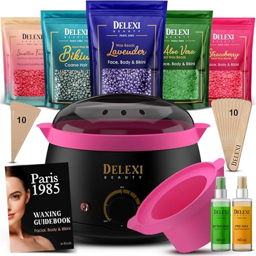 DELEXI Premium All-in-One Waxing Kit for Women | Salon Quality 5-Pack Hard Wax Beads For Brows, Bikini, Legs, & More + Silicone Wax Kit Accessories