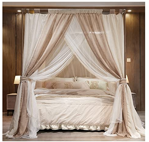 Betthimmel Zweifarbiges Betthimmel-Moskitonetz Aus Leinen, Mädchen Junge Erwachsene Schlafzimmer Dekoration 4 Eckpfosten Bettvorhang, 150cm/180cm/200cm (Color : 1#, Size : 180X200cm/71X79in)