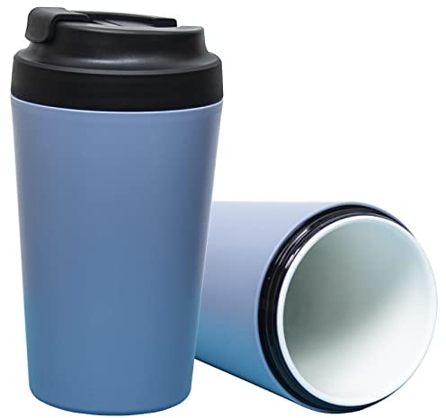 Klaraber Tasse à café de voyage doublée en céramique avec couvercle étanche, isotherme et réutilisable, respectueux de l'environnement pour boissons chaudes et froides, 380 ml (bleu)
