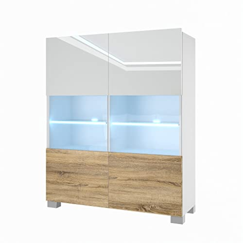 BELINI Kommode Sideboard Wohnzimmer Schlafzimmer Schrank Hochschrank mit LED-Leuchten Super-Soft-Touch-System zum sanften Schließen Aller Scharniere (Weiß/Sonoma Eiche)