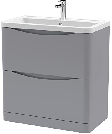 nuie LUN203A Lunar Modern Bathroom Floor Standing 2 Drawer Vanity Basin Unit with Ceramic Basin, 800mm, Satin Grey