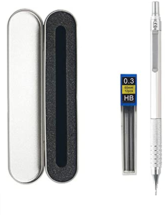 JOMPENS 0,3 0,5 0,7 2,0 mm automatischer Bleistift Niedriger Schwerpunkt versenkbarer Metalldruckbleistift Kann zum Skizzieren von Schülern verwendet werden (0,3 Silber Stift Silber Geschenkbox)
