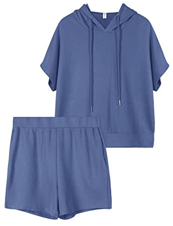 REORIA Damen Trainingsanzüge Kurzarm-Hoodie und fließende Shorts Jogginganzug Zweiteiler Overall Sommer Outfits Blau L