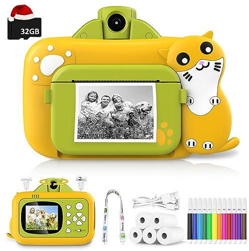 Sofortbildkamera Kinder,KinderKamera 1080P HD Videokamera 2,4 Zoll Bildschirm DigitalKamera mit 32GB SD-Karte 5 Rollen Druckpapier Farbigen Stiften Weihnachten Geschenk für Kinder 3-14 Jahren