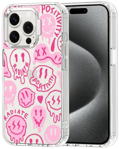 MOSNOVO für iPhone 15 Pro Hülle – Durchsichtige, schlanke, stoßfeste TPU+PC-Handyhülle, [6,6 Fuß Fallschutz/Anti-Abziehen] - Rosa tropfendes Lächel-Gesicht mit positiver Ausstrahlung