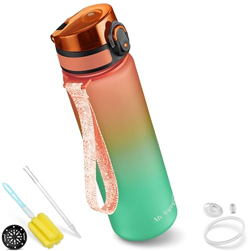 My Vesperbox Minny - Botella infantil a prueba de fugas de 350, 500 o 750 ml con pajita o colador, botella de agua ligera de tritán, sin bisfenol A, para guardería, escuela, naranja-verde, 500 ml