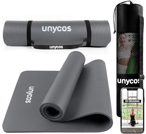 unycos - Gymnastikmatte - Yogamatte Rutschfest【183x60 cm】NBR 10 mm Dicke | Inkl. Tragegurt und E-Book mit Übunge, Sportmatte Ungiftig für Fitness, Pilates & Gym, Home Sport (Grau)