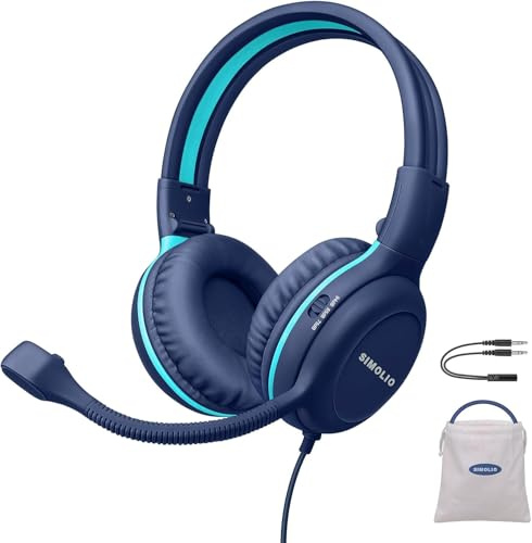 SIMOLIO Kopfhörer Kinder mit Mikrofon, On-Ear-Kinder Kopfhörer mit Mikrofon für Schüler, Gaming Kopfhörer mit Mikrofon, Audio-Sharing, Blau