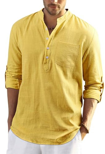 Enlision Mens Cotton Linen Shirt Long Sleeve Button Down Summer Yellow Henley Shirts Casual Business Shirt Tops L