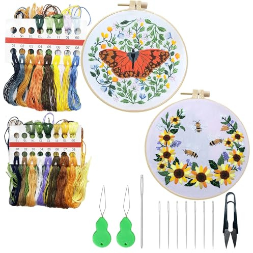 Allazone 2 Sets Stickset für Anfänger, Embroidery kit für Bastelliebhaber, 2 Sticktuch mit Muster Vorlagen und Anleitung, Sticken Kunsthandwerk DIY Art Stickset für Erwachsene (Schmetterling)