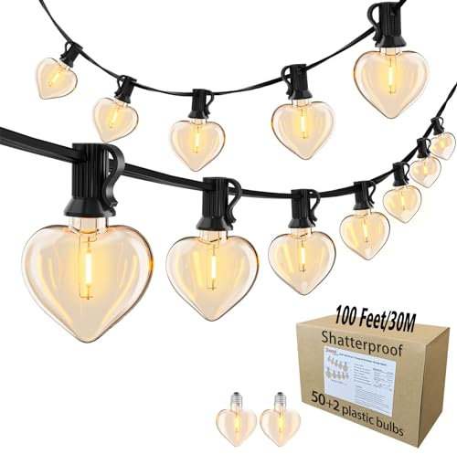 Skeerei 30M Festoon Lights Outdoor Mains with 52 Novelty Heart-Shaped LED Vintage Bulbs for Outside Garden Pergola Party Wedding Backyard Decor Lights, Linkable