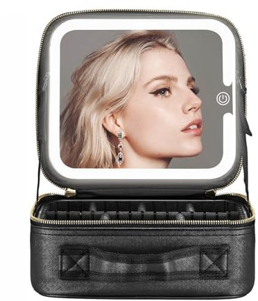 Makeup Bag with LED Mirror, 3 Colors Modes Portable Cosmetics Organizer with Adjustable Dividers Compartment, USB Rechargeable Light Up Vanity Case&Makeup Storage for Travel Women and Men