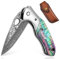 DRAGON RIOT Damast Taschenmesser Klappmesser hochwertig Einhandmesser aus VG10 Edelstahl Outdoor Messer Survival mit Leder Scheide Damastmesser Jagdmesser Klappmesser für Wandern, Geschenke für Männer