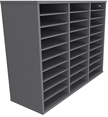Eigentlich Fächerschrank 30 Fächer aus Holz 99x35x77cm, Anhrazit | Postregal Briefablageregal für Dokumente, 3 Reihen mit je 10 Fächern im A4 Querformat, Böden einzeln verstellbar