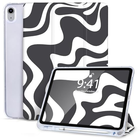 Vozehui Case for iPad 10.9 inch 10th Generation 2022, Shockproof Case Cute Wavy Pattern Design Cover with Pencil Holder, Auto Wake/Sleep for 10.9 iPad (Black-white Wavy)