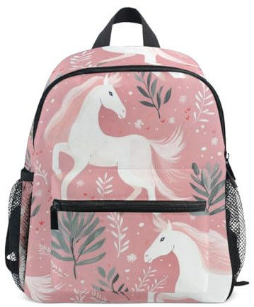 Kleiner Schulrucksack Rucksack Schulranzen für Kinder, weißes Pferd, Rosa, Kleinkinder, Vorschule, Schultasche, Kindergarten, Grundschultasche für Jungen und Mädchen, White Horse Pink, S