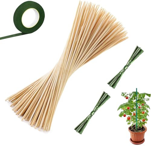 50 Pièces Stake de Plante en Bois, Bâton de Jardin en Bois, 30cm Supports pour Plantes Tuteurs avec 100 Liens Métalliques, Bâtons de Support pour Plantes, Tiges de Support Bambou