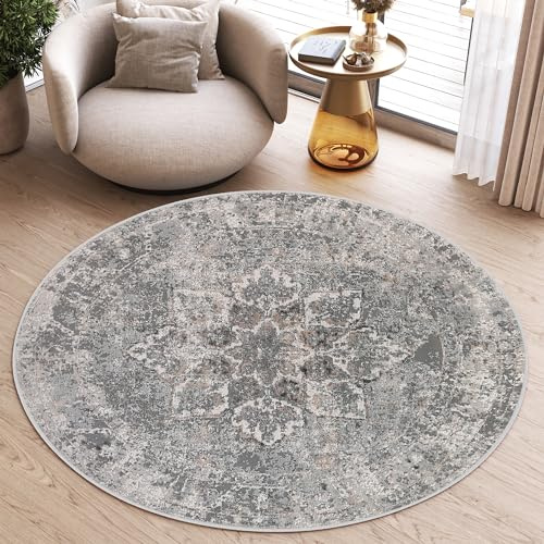 TAPISO Valley Rund Teppich Kurzflor Vintage Grau Blumen 120 x 120 cm | Rahmen Orientalisch Used Effekt Meliert Verwischt Wohnzimmer Schlafzimmer OEKO-TEX