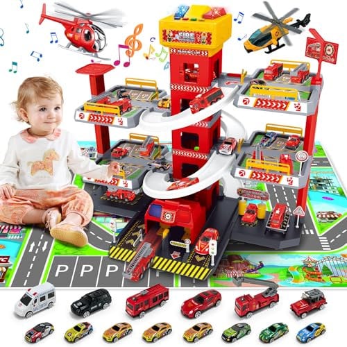 BuzzoXerex 5 Plantas Garaje Coches para Niños, Parking Molto con 14 Coches y 2 Helicóptero, Parking Juguete con Pista de Coches y Ascensor, Educativos Regalos para Niños 5 6 7 8 9 Años (Rojo)