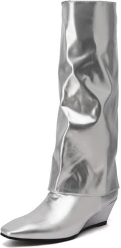 Donna Zeppa Stivali Alti Tacco Medio Stivali Appuntito Zip Stivali da Festa, B145402Kk Argento Numero 36 EU