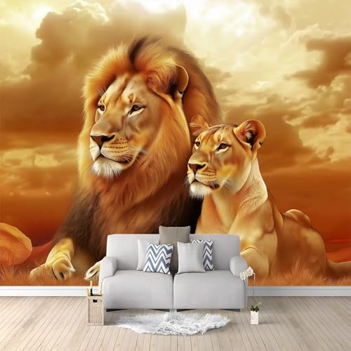 Animal Lion Brun Papier Peint Panoramique Tanné Peinture Murale Papier Peint 3D Fresque Salon Chambre, 200x140 cm