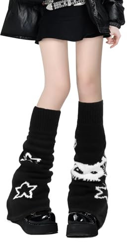 Minicoco Winter Knitted Leg Warmers for Women, Thigh High Y2K Kawaii Socks, Japanese Lolita Style Crochet Lace Design (Star & Skull Pattern)
