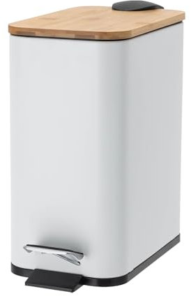 RjcdOPL Petite Poubelle 5L avec Couvercle et Pédale, Conçu dans Un Style Scandinave, Fermeture douce et silencieuse, Peu Encombrement, En Fer, Plastique et Bambou, L13,5 x P29 x H27 cm (Blanc)