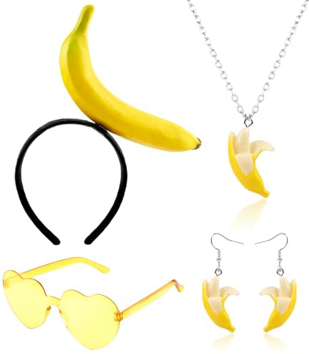 HOWAF Bananen Kostüm Damen, Lustiges Bananen Haarreif Haarband, Ohrringe, Halskette, Herz Brille für Bananenkostüm, Banane Halloween Fasching Karneval Kostüm