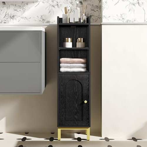 Hzuaneri Badezimmerschrank, Badschrank schmal, Kleiner Schrank, Verstellbare Ablagen, platzsparend, Toilettenschrank, für kleine Räume, einfache Montage, 20 × 25 × 90 cm, Schwarz BC38204G