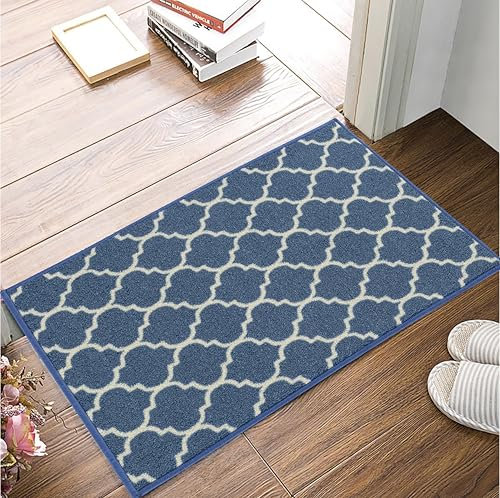 SmartLiving Machine Washable Non Slip Trellis Gel Back Door Entrance Mats - 67x120cm - Blue Cream