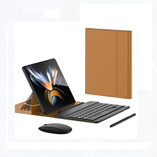 Clavier sans Fil+ Étui de Protection en Cuir Pliable+ Stylet + Souris Bluetooth pour Galaxy Z Fold 4 / Fold 3 Accessoires pour Smartphone pour Le Bureau et Le Divertissement (Marron)
