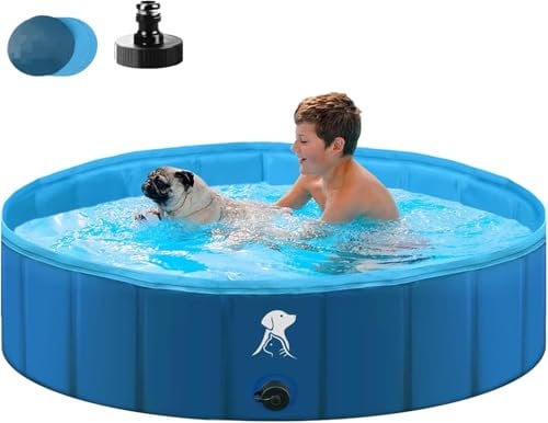 Fwiull - Piscine pour Grands Chiens et Petits Chiens - Pataugeoire Pliable et transportable - 140 x 30 cm - Stable et antidérapante - pour Animaux de Compagnie, Enfants - Bleu